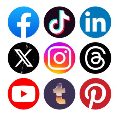 Popüler bir sosyal medya mobil uygulamaları kümesi yuvarlak simgeleri: Facebook, Tiktok, Linkedin, X Twitter, Instagram ve diğerleri, vektör illüstrasyonu