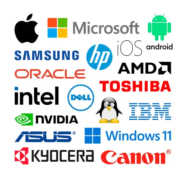 Kiev, Ukrayna - 10 Haziran 2022: Popüler teknoloji logoları beyaz kağıda basıldı: HP, IOS, intel, Linux, AMD, Sumsung, Oracle, Canon, Microsoft, Apple, Android, Dell, Toshiba ve diğer