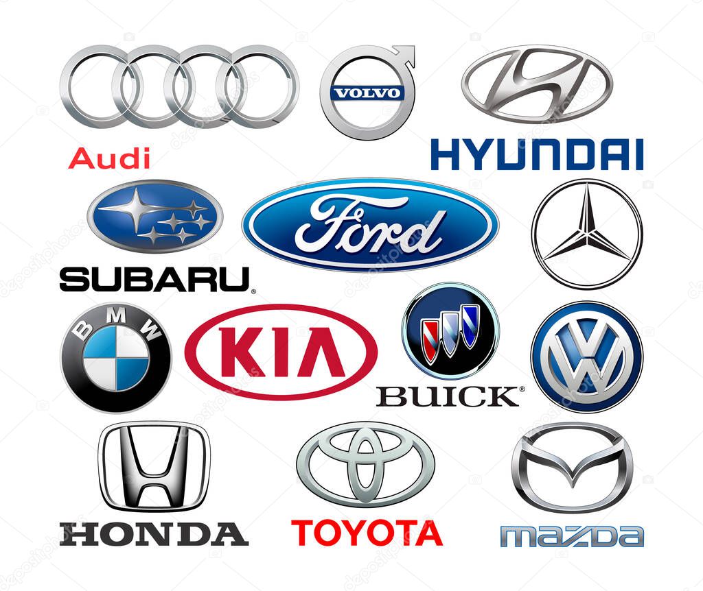 Kiyv, Ukraine - November 26, 2021: Collection of popular car logos: Volkswagen, Audi, Subaru, Mazda, Hyunday, Toyota, Kia, Volvo, Ford and others, vector illustration