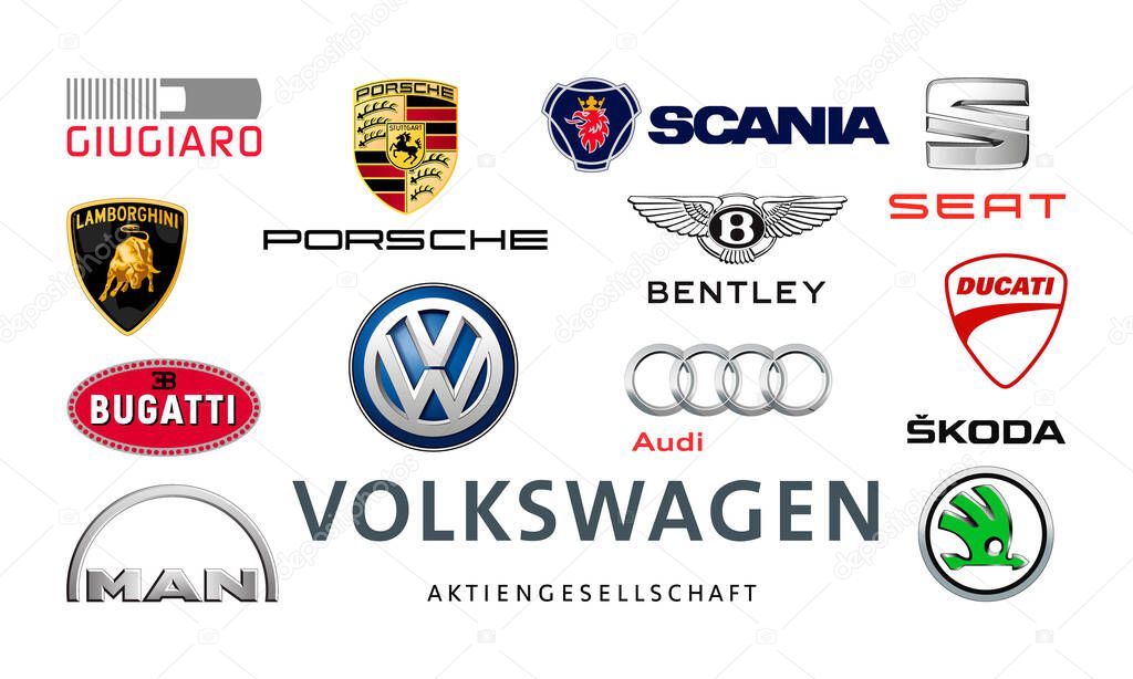 Kiyv, Ukraine - November 09, 2021: Collection of popular car logos: Volkswagen, Audi, Seat, Bentley, Bugatti, Ducati, Giugiaro, Lamborghini, Scania, Skoda and other, vector illustration