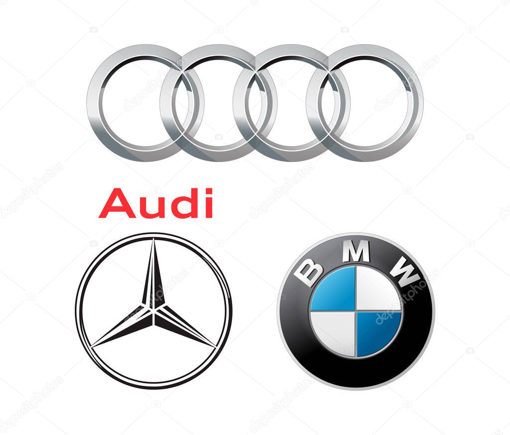 Kiyv, Ukraine - July 28, 2022: Collection of popular germany car logos: BMW, Audi, Mercedes, vector illustration