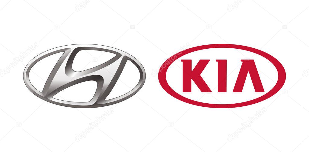 Kiyv, Ukraine - July 28, 2022: Collection of popular korean car logos: Hyundai and Kia, vector illustration