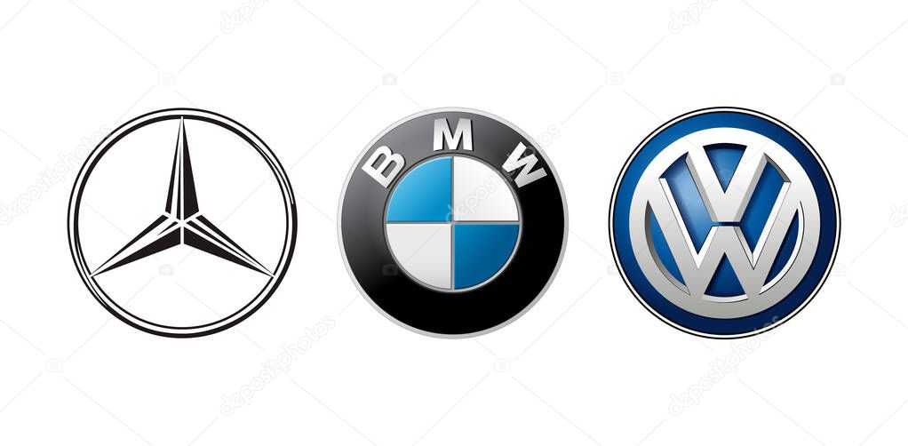 Kiyv, Ukraine - July 28, 2022: Collection of popular germany car logos: BMW, Mercedes and Volkswagen vector illustration