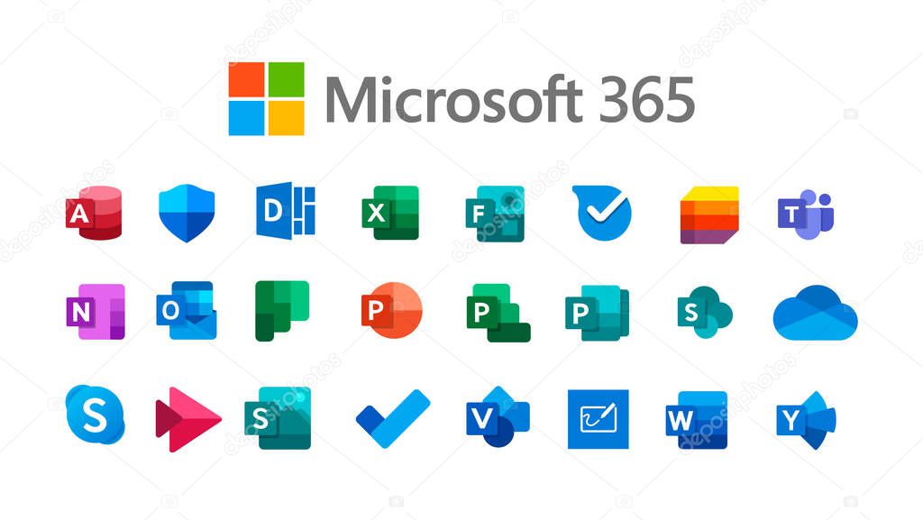 Kiev, Ukraine - September 29, 2022: Icons collection of Microsoft products - Microsoft 365, on white background, vector illustration