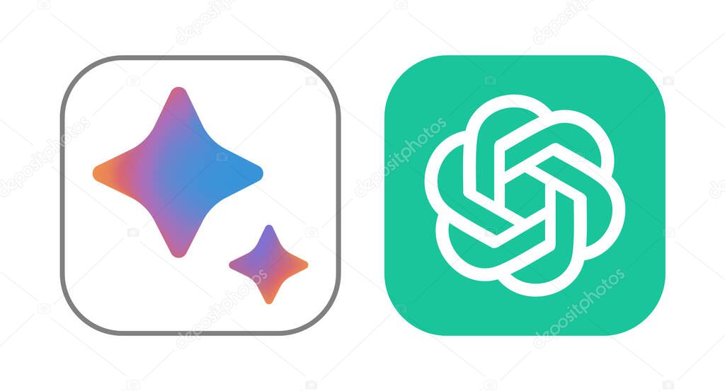 Set of OpenAI ChatGPT and Google Bard Chatbot icons on white background, vector illustration. ompetition concept of the best AI companies