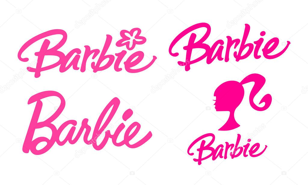 Set of Barbie logos on a white background, vector illustration. Barbie is a fashion doll created by American businesswoman Ruth Handler, manufactured by American toy company
