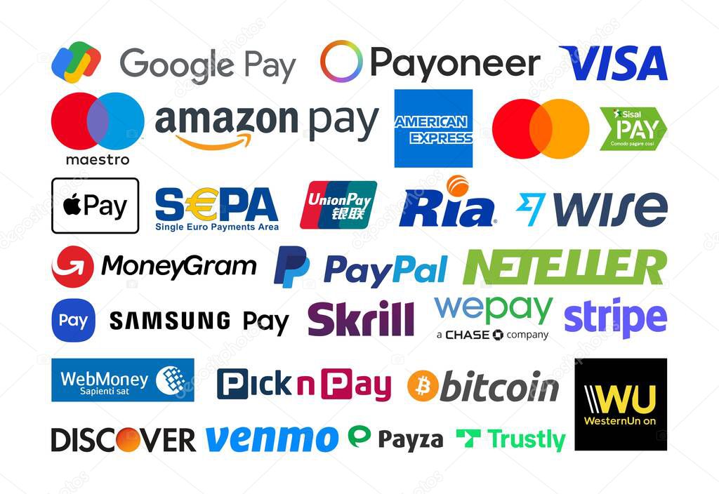 Set of popular Payment System logos: Google Pay, Payoneer, American Express, MasterCard, Visa and others, on a white background, vector illustration