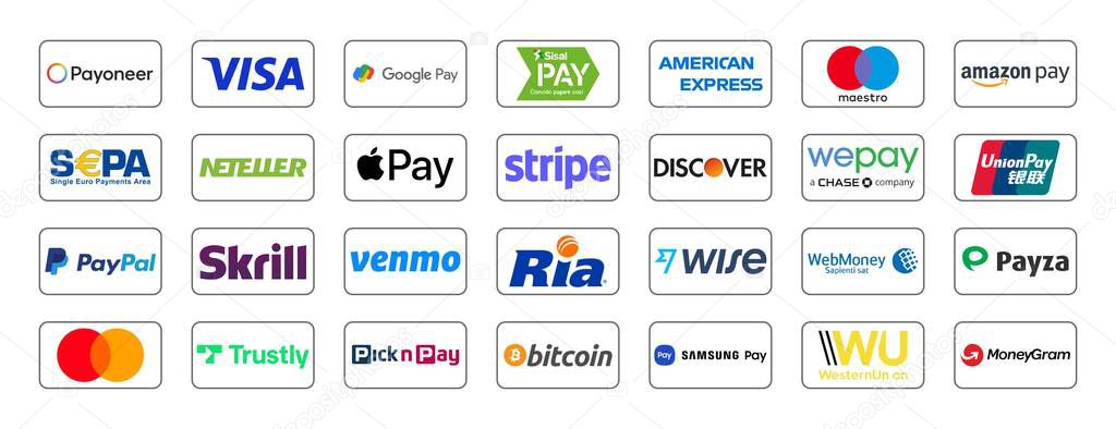 Set of popular Payment System virtual buttons: Google Pay, Payoneer, American Express, MasterCard, Visa and others, on a white background, for web design, vector illustration