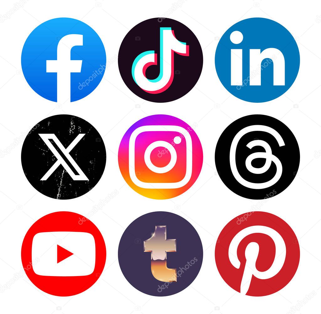Set of a popular social media mobile apps round icons: Facebook, Tiktok, Linkedin, X Twitter, Instagram and others, vector illustration