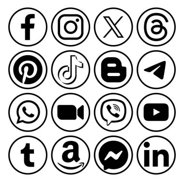 Popüler sosyal medya mobil uygulamaları: Facebook, Instagram, X Twitter, Threads, Pinterest, Tiktok ve diğer vektör illüstrasyonları ile siyah yuvarlak simgeler