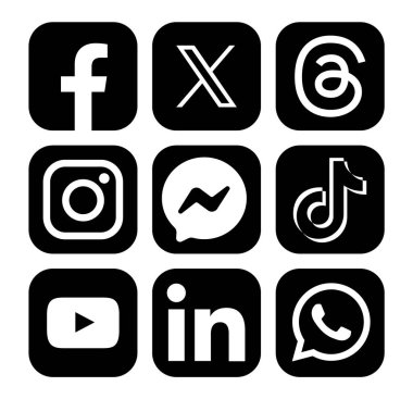 Popüler bir sosyal medya mobil uygulamaları seti siyah simgeler: Facebook, X Twitter, Tartışmalar, Instagram, Messenger ve diğerleri, vektör illüstrasyonu