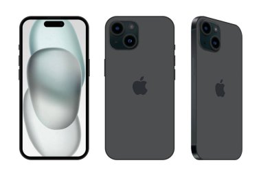 Siyah Elma iPhone 15 'in farklı taraflarda, beyaz arkaplanda, vektör illüstrasyonunda. iPhone 15 ve iPhone 15 Plus Apple Inc. tarafından tasarlanan, geliştirilen ve pazarlanan akıllı telefonlardır..