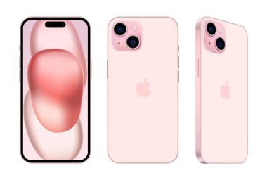 Pembe Elma iPhone 15 'in farklı taraflarda, beyaz arka planda, vektör illüstrasyonunda. iPhone 15 ve iPhone 15 Plus Apple Inc. tarafından tasarlanan, geliştirilen ve pazarlanan akıllı telefonlardır..