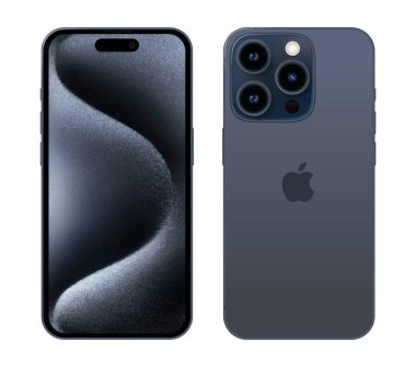 Mavi Titanyum Apple iPhone 15 Pro cep telefonu farklı taraflarda, beyaz arka planda, vektör illüstrasyonunda. iPhone 15 Pro ve iPhone 15 Pro Max Apple tarafından geliştirilen akıllı telefonlardır..