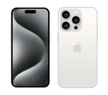 Beyaz Titanyum Apple iPhone 15 Pro cep telefonu seti farklı taraflarda, beyaz arka planda, vektör illüstrasyonunda. iPhone 15 Pro ve iPhone 15 Pro Max Apple tarafından geliştirilen akıllı telefonlardır..