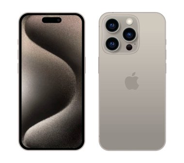 Farklı taraflarda, beyaz bir arka planda, vektör illüstrasyonunda Doğal Titanyum Apple iPhone 15 Pro cep telefonu seti. iPhone 15 Pro ve iPhone 15 Pro Max Apple tarafından geliştirilen akıllı telefonlardır..