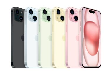 Apple iPhone 15 'in farklı renklerde, beyaz arka planda, vektör illüstrasyonunda. iPhone 15 ve iPhone 15 Plus Apple Inc. tarafından tasarlanan, geliştirilen ve pazarlanan akıllı telefonlardır..