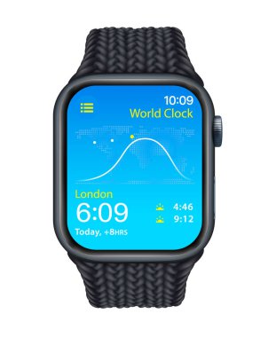 Geceyarısı Elma İzleme Serisi 9 aygıtı Gece Yarısı Renkli Örülmüş Solo Döngü bandı beyaz arka planda, vektör illüstrasyonlu. Apple Watch, Apple Inc. tarafından üretilen bir akıllı saat serisidir.