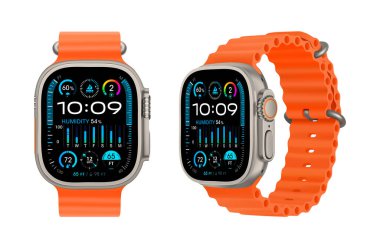 Titanium Apple Watch Ultra 2 serisi aygıtı Ocean Loop bandı ile, beyaz arka planda, vektör illüstrasyonu. Apple Watch, Apple Inc. tarafından üretilen bir akıllı saat serisidir.