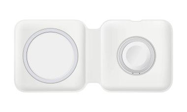 Beyaz arka planda Apple MagSafe Duo Charger, vektör çizimi. MagSafe Duo Charger, Apple 'dan taşınabilir bir aksesuardır.