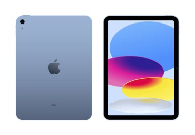 Apple iPad 10 mavi, beyaz arka planda izole edilmiş, vektör illüstrasyonu. iPad - 10. nesil, resmi olmayan adıyla iPad 10, Apple Inc. tarafından geliştirilen ve pazarlanan bir tablet bilgisayardır..