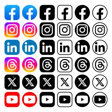 Facebook, Instagram, LinkedIn, Threads, Twitter - X ve YouTube gibi farklı biçimlerde popüler Sosyal Medya ve Mobil Uygulamalar seti. Vektör illüstrasyonu