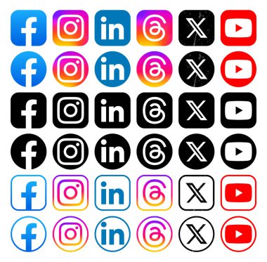 Facebook, Instagram, LinkedIn, Threads, Twitter - X ve YouTube gibi farklı biçimlerde popüler Sosyal Medya ve Mobil Uygulamalar seti. Vektör illüstrasyonu