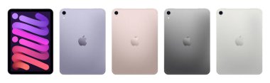 Tablet Apple iPad Mini 6 seti ön ve arka tarafta, resmi renklerde, şeffaf bir arkaplanda. Gerçekçi vektör illüstrasyonu