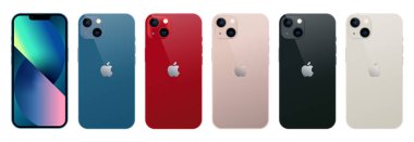 Akıllı Telefon Apple iPhone 13 seti ön ve arka tarafta, resmi renklerde, şeffaf bir arkaplanda. Gerçekçi vektör illüstrasyonu