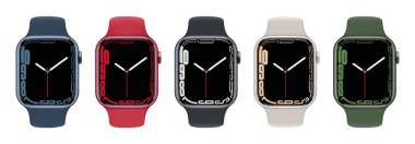 Apple Watch 7 serisi, ön tarafta, resmi renklerde, şeffaf bir arkaplanda. Gerçekçi vektör illüstrasyonu