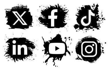 Siyah boya noktalarındaki popüler Sosyal Medya ve Mobil Uygulamalar seti: Twitter - X, Facebook, TikTok, LinkedIn, YouTube ve Instagram, şeffaf bir arkaplan, vektör ilülasyonu