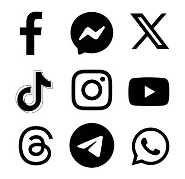 Popüler Sosyal Medya ve Mobil Uygulamalar simgelerinin siyah logo işaretleri: Facebook, Messenger, Twitter - X, TikTok ve diğerleri, şeffaf bir arkaplan, vektör ilülasyonu