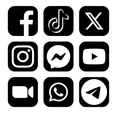 Siyahi popüler Sosyal Medya ve Mobil Uygulamalar simgeleri: Facebook, TikTok, Twitter - X, Instagram ve diğerleri, şeffaf bir arkaplan, vektör ilülasyonu