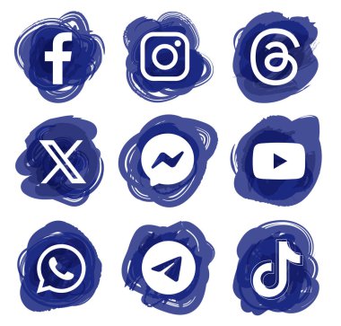 Mavi mürekkepli Popüler Sosyal Medya simgeleri dizaynı: Facebook, Instagram, Tartışmalar, Twitter - X ve diğerleri, şeffaf bir arkaplanda, vektör resimlemesi