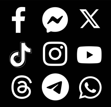 Popüler Sosyal Medya ve Mobil Uygulamalar simgelerinin beyaz işaretleri: Facebook, Messenger, Twitter - X, TikTok ve diğerleri, siyah bir arkaplanda, vektör illüstrasyonu