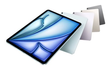 Apple iPad Air 'in farklı renklerde bileşimi, şeffaf bir arka planda izole edilmiş, vektör illüstrasyonu. iPad Air 6 nesil Apple Inc tarafından tasarlanan ve geliştirilen bir tablet bilgisayardır..