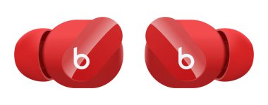 Apple Studio Buds 'ın kırmızı renkli hali, şeffaf bir arka planda izole edilmiş, vektör illüstrasyonu. Stüdyo Tomurcukları kablosuz ses geçirmez kulaklıklardır.