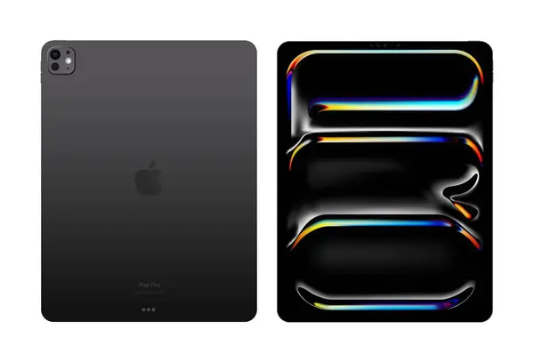 Stock vector Apple iPad Pro in space black color, isolated on a transparent background, vector illustration. The 7-th iPad Pro, colloquially known as the M4 iPad Pro, is a line of OLED iPad tablet computers