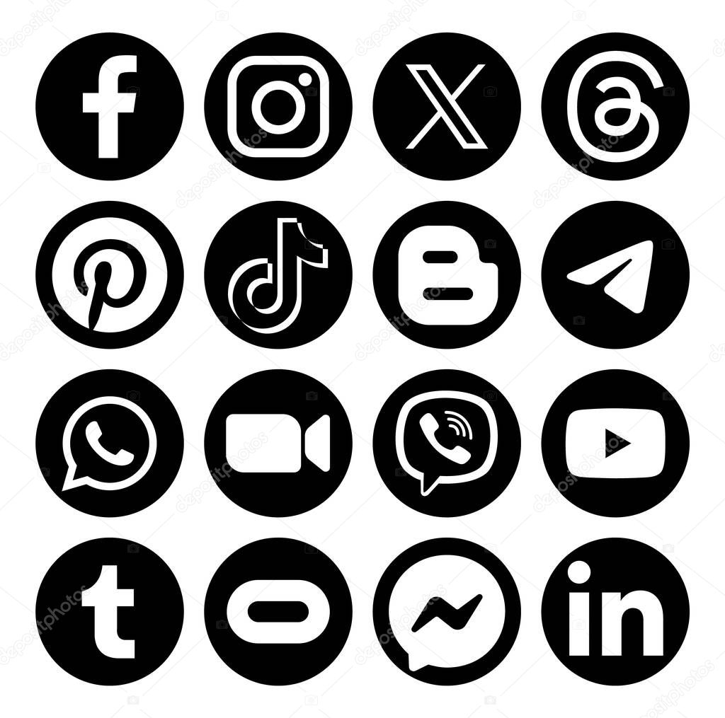 Set of a popular social media mobile apps black round icons: Facebook, Instagram, X Twitter, Threads, Pinterest, Tiktok and others vector illustration