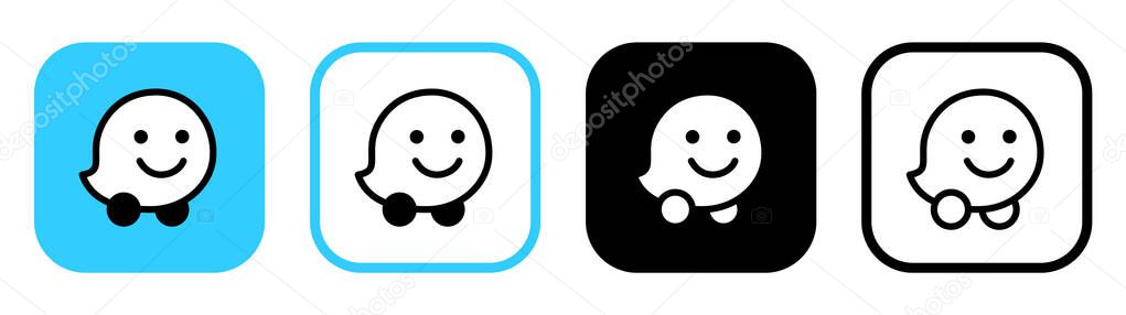 Set of Waze mobile app icons, isolated on a white background, vector illustration. Waze is a subsidiary company of Google that provides satellite navigation software