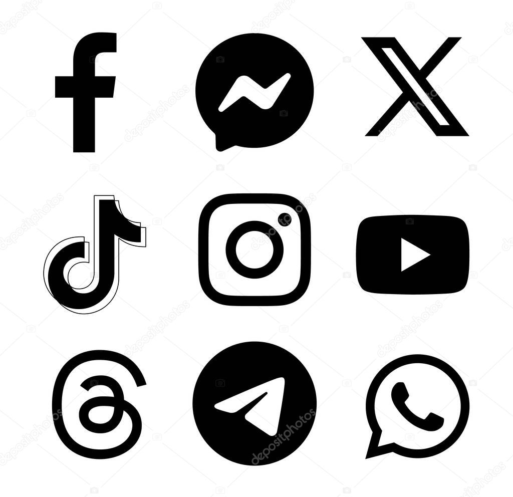 Set of black logo signs of popular Social Media and Mobile Apps icons: Facebook, Messenger, Twitter - X, TikTok and others, on a transparent background, vector illustration
