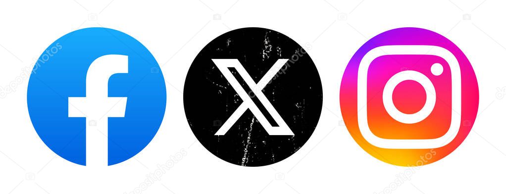 Set of round popular Social Media and Mobile Apps icons: Facebook, Twitter - X and Instagram, on a transparent background, vector illustration