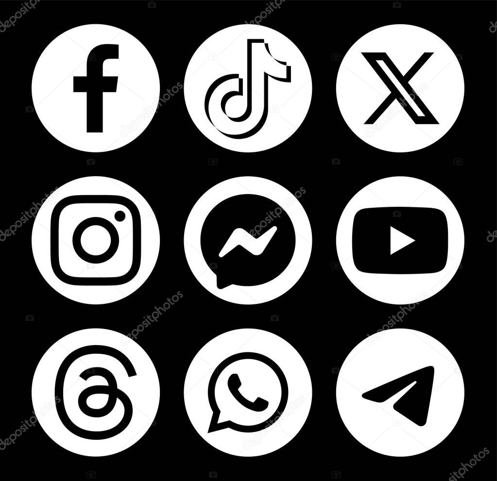 Set of white round popular Social Media and Mobile Apps icons: Facebook, TikTok, Twitter - X, Messenger and others, on a black background, vector illustration