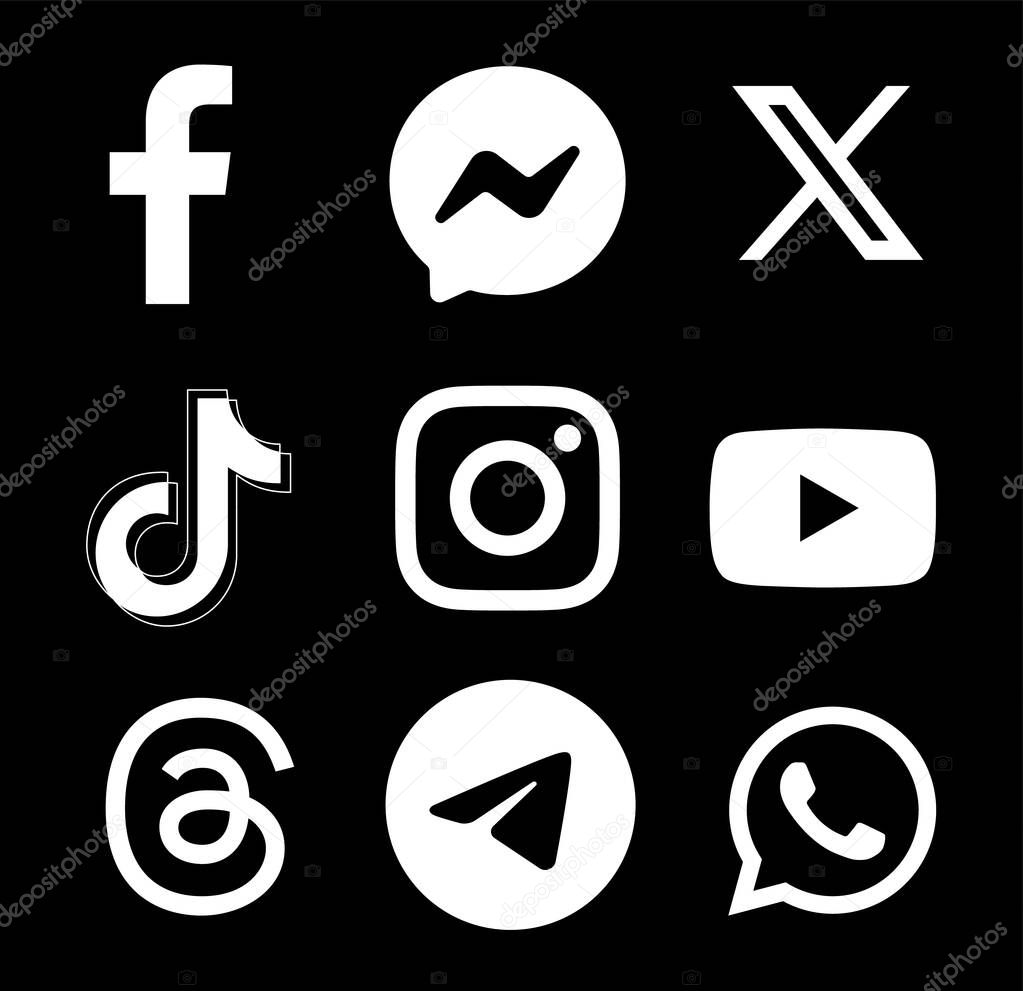 Set of white signs of popular Social Media and Mobile Apps icons: Facebook, Messenger, Twitter - X, TikTok and others, on a black background, vector illustration