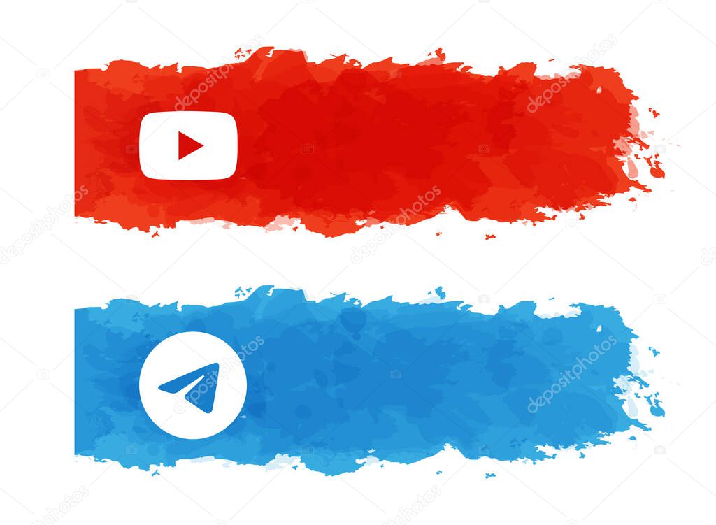 Set of watercolor stickers with popular Mobile Apps logos: YouTube and Telegram, on a transparent background, vector illustration