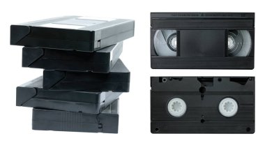 Eski analog video kasetleri seti, şeffaf bir arkaplanda izole edilmiş, geçmişe dönük şeyler kavramı