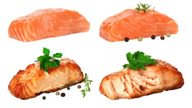Set of Raw and Fried Salmon fish steaks with green scum, isolated on a white background clipart