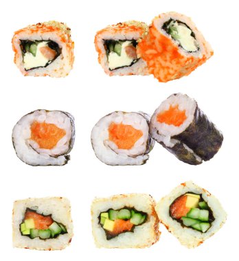 Sushi Roll parçaları, beyaz arka planda izole edilmiş, lezzetli Japon yemekleri konsepti.