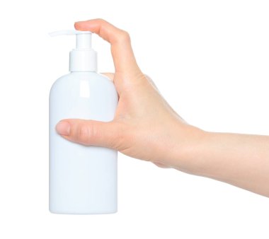 Kadın elleri beyaz bir sprey şişeyi tutuyor, şeffaf bir arka planda kapalı, kozmetik reklamları için şablon.