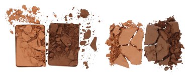 Kırık ve Ezilmiş Makyaj Paletleri, şeffaf bir arkaplan, üst görünüm izole